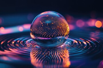 Poster - A glowing orb rests on rippling water, reflecting light and color in a mesmerizing display.