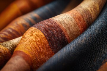 Poster - A close-up view showcases textiles with warm orange hues and textured weaves, revealing fabric patterns and detail.