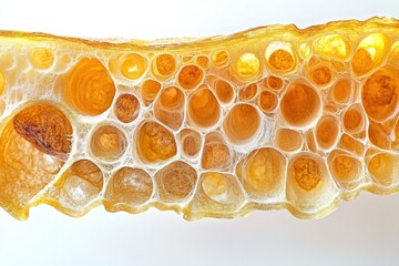 Leinwandbilder - Close-up of a golden-hued honeycomb-like structure with bubbly, interconnected cells creating an organic and visually intriguing pattern.