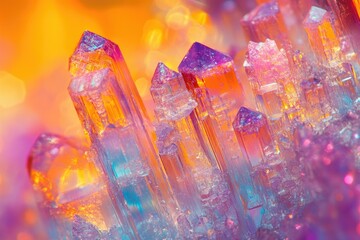 Aufkleber - Close-up of colorful, translucent crystal formations with a bright, blurred background, showcasing their intricate structure and vibrant hues.