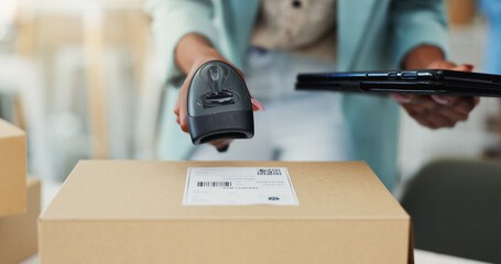 Poster - Scan, box and shipping with hands and tablet for delivery schedule, ecommerce and inventory. Logistics, distribution and cargo with closeup of person in warehouse for supply chain, barcode and online