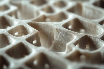 Poster - Abstract geometric wood pattern, macro view revealing the fine texture and complex porous design with subtle shadows.