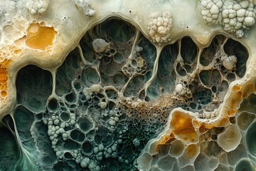 Poster - An abstract biological or geological pattern with clusters, membranes, and interconnected cavities, featuring shades of blue, grey, yellow, and beige.