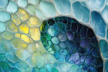 Poster - Abstract cellular pattern with gradient colors blending from yellow to blue and purple, creating an organic, tessellated texture.