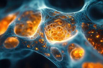 Fototapete - Microscopic view of cells with a complex, interconnected network and glowing, energy-rich interiors, enveloped by a translucent, blue membrane.