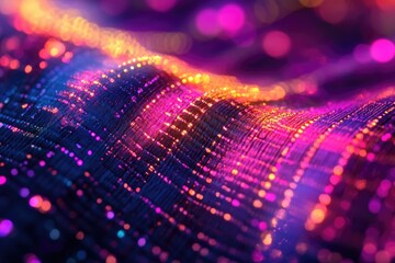 Poster - Abstract waves of vibrant, glowing light, resembling futuristic technology or digital data streams in pink, orange, and blue hues.