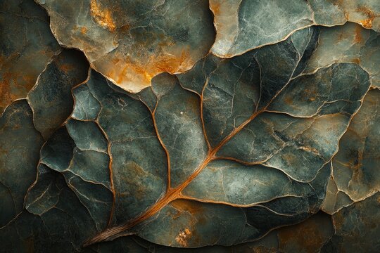 Abstract image showing a close-up of a large, textured leaf with prominent veins, rendered in green and gold tones, creating an artistic design.