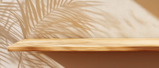 Aufkleber - A wooden shelf casts intricate shadows of palm leaves against a textured, light-colored wall, creating a serene and stylish ambiance.