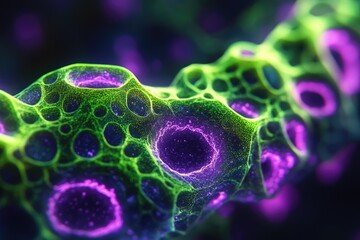 Aufkleber - Microscopic view of a cell structure with interconnected green network and purple glowing nucleus, showcasing intricate biological complexity.