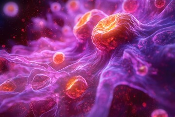 Aufkleber - Microscopic view of cells, highlighted in vibrant pink and orange, showcases complex structures and potential biological processes at a cellular level.