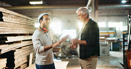 Poster - Collaboration, planning and talking with carpenter men in workshop for manufacturing or production. Carpentry, industry and teamwork with woodworking people in factory together for conversation