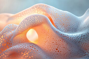 Leinwandbilder - Abstract, porous material draped gracefully, illuminated with warm light casting delicate shadows and highlights, creating a soft, ethereal aesthetic.
