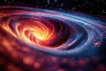 Poster - A mesmerizing spiral galaxy with radiant red and blue hues, stars, swirling vortex, showcasing the beauty and immensity of the cosmos.
