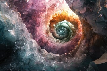 Poster - A mesmerizing spiral tunnel made of colorful crystals leads to an unknown, glowing end.