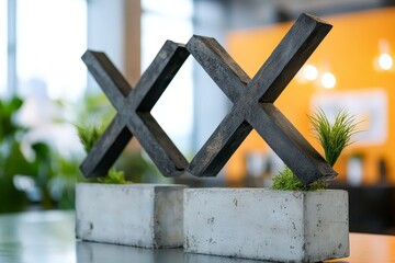 Poster - Abstract X's Sculpture: The modern aesthetic is displayed with this concrete sculpture featuring an 'X' design and greenery in a minimalist and artistic display of an office.