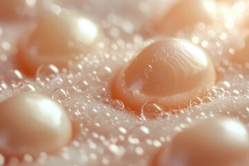 Aufkleber - Close-up of lustrous pearls nestled in soft, bubbly foam, bathed in warm, gentle light.