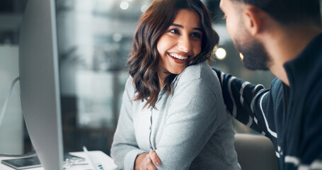 Poster - Collaboration, couple and woman with smile, office or working late for deadline of project or happy. Night, colleagues and man with support for assignment, help and people in relationship or business
