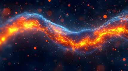 Fototapete - Stunning abstract representation of a cosmic wave of bright orange and blue particles with sparkling stars floating in a dark background