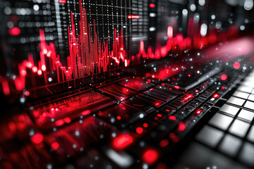 Poster - Red digital data streams and graphs displayed on a futuristic technological interface, suggesting market trends or financial data.