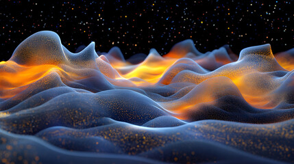 Poster - Abstract digital landscape featuring smooth waves of blue and orange, illuminated by a starry night sky with shimmering particles floating above