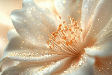 Poster - Close-up of a delicate, dew-kissed flower, radiating soft, golden light.