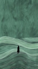 Poster - Abstract Silhouette Figure Stands On Digital Wave With Geometric Pattern Under Greenish Lighting Modern Artificial Intelligence