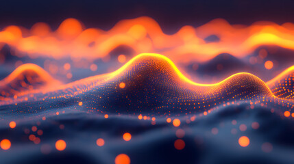 Fototapete - Abstract digital waves illuminated with glowing orange dots representing data visualization and technology concepts in a futuristic environment