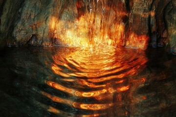 Poster - Water flowing in a cave with bright orange light reflecting on the water ripples creating a stunning visual.