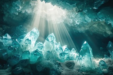 Poster - Sunlight streams into a crystalline cave, illuminating jagged, translucent turquoise crystals in a mystical, geological landscape.