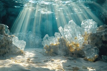 Poster - Underwater scene featuring crystalline formations illuminated by sun rays filtering through the water surface, creating a mystical ambiance.