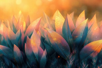 Leinwandbilder - A close-up shows layered, textured leaves in shades of blue, pink, and gold against a soft golden bokeh background.