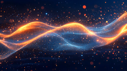 Poster - Vibrant waves of shimmering energy flow seamlessly across a starry night background, creating a mesmerizing visual of motion and light