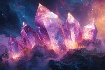 Poster - Luminous purple crystals erupt from a misty landscape under a starry sky, exuding magical, ethereal light and a sense of otherworldly wonder.