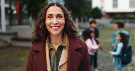 Aufkleber - School, outdoor and portrait of teacher with kids for education, learning and lesson. Educator career, academy and happy woman with young children for development, teaching and knowledge on campus