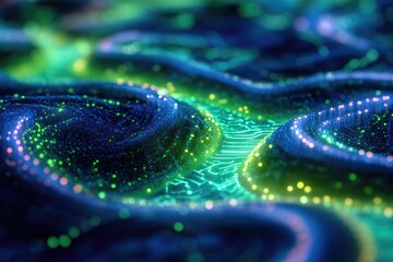 Poster - Abstract, futuristic network landscape with flowing, interconnected circuits and glowing lights, suggesting data flow and technological advancement in dark blue and green tones.