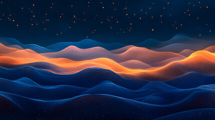 Poster - Vibrant Abstract Landscape with Flowing Waves in Shades of Blue and Orange Under a Starry Night Sky Ideal for Backgrounds or Artistic Projects