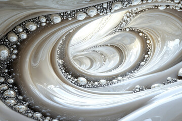 Poster - Abstract 3D rendering of swirling, glossy, light grey surface with embedded metallic spheres creating a vortex illusion.