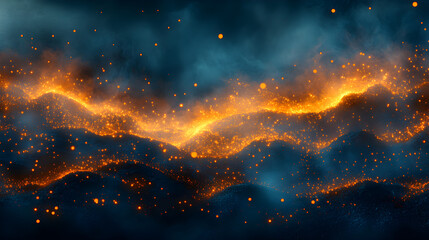 Poster - Abstract depiction of fiery glowing embers swirling in dark sky, showcasing vibrant orange and blue hues, perfect for atmospheric backgrounds and dramatic visuals