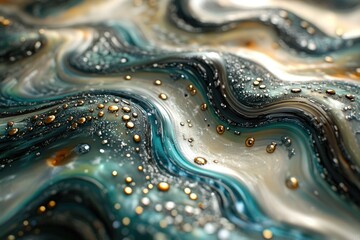 Poster - Abstract fluid art with swirling turquoise, silver, and white, adorned with glistening gold droplets and subtle glitter effects.