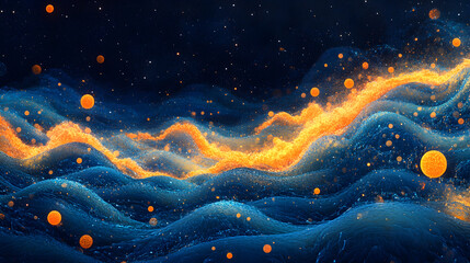Fototapete - Abstract digital waves of orange and blue hues with glowing particles creating a cosmic, dreamy landscape background for artistic and creative projects