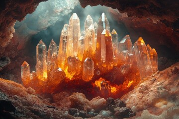 Aufkleber - A geode cave filled with a cluster of glowing orange crystals, illuminated by a mysterious light source.