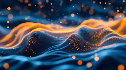Poster - Abstract waves of orange and blue illuminated particles with a smooth surface texture, creating a dreamlike and mesmerizing digital landscape aesthetic.
