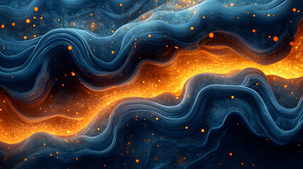 Fototapete - Abstract wavy lines with glowing orange highlights and blue textures, representing fluid movement and vibrant energy in a mesmerizing composition