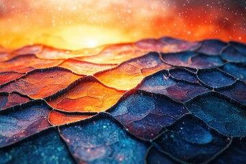 Poster - Abstract landscape featuring textured, layered scales in vibrant blues, oranges, and reds beneath a warm, hazy celestial sky.