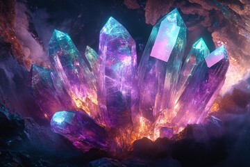 Poster - A cluster of vibrant, glowing crystals in shades of purple, blue, and pink against a dark background.