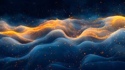 Poster - Abstract waves with glowing particles, flowing textures, night sky, digital art, luminous background, soft gradients, blue and gold colors, serene atmosphere