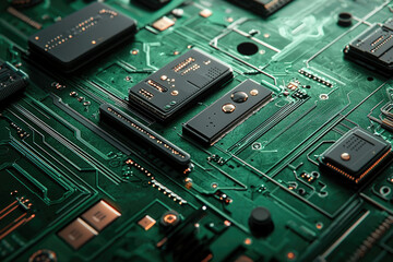 Poster - Close-up of a complex green circuit board with various microchips and components.