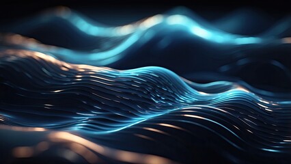 Abstract digital landscape with blue wavy lines converging towards the horizon under a dark