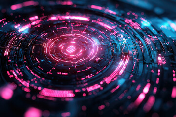 Poster - Abstract futuristic technology background with glowing pink and blue circular patterns, depicting a digital interface.
