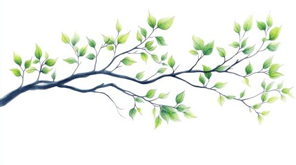 Captured in nature photography, a spring branch with lush green leaves stands out against a white background